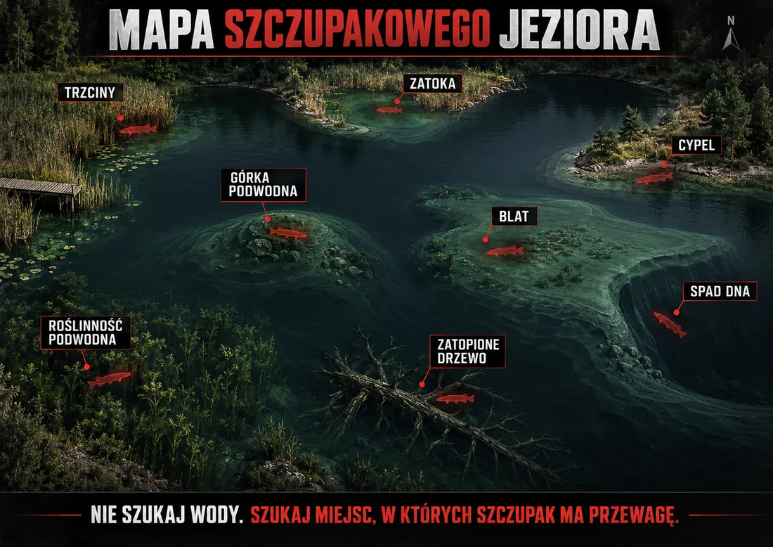 Schemat miejsc, w których warto szukać szczupaka na jeziorze